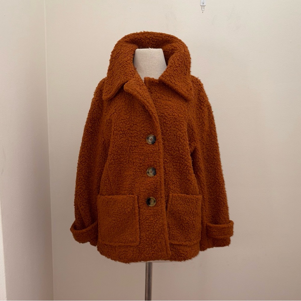 Free people Burnt Orange Shearling Sherpa Teddy Peacoat Jacket Size Medium Cozy - Picture 7 of 15